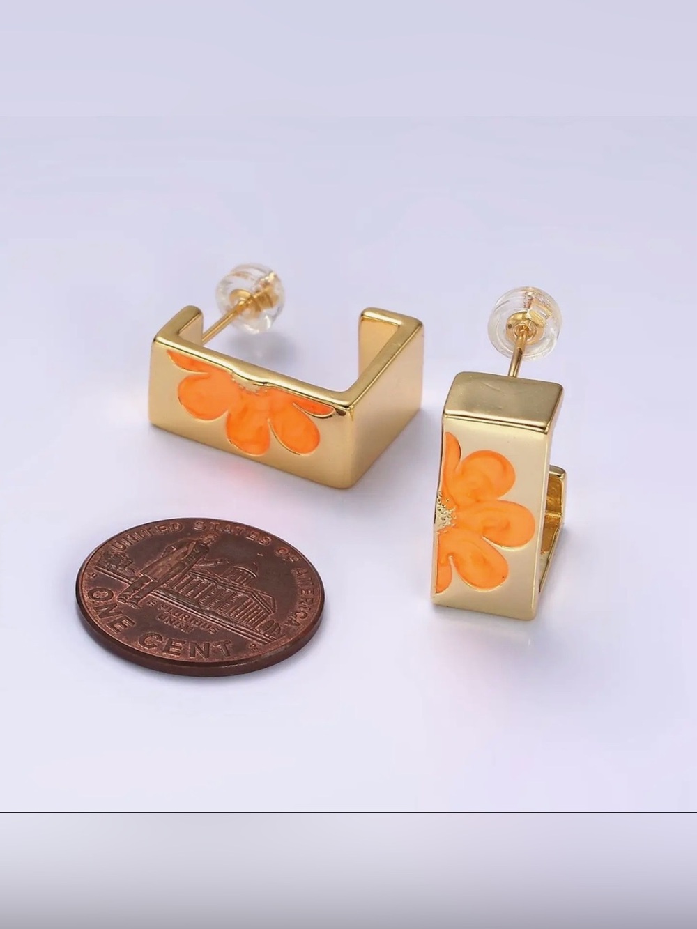 14K Gold Filled Orange Enamel Flower J-Hoop Earrings - Picture 4 of 4